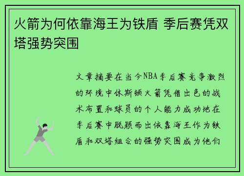 火箭为何依靠海王为铁盾 季后赛凭双塔强势突围 火箭为何依靠海王为铁盾 季后赛凭双塔强势突围