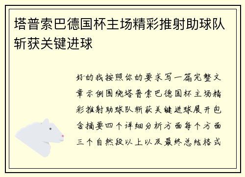 塔普索巴德国杯主场精彩推射助球队斩获关键进球