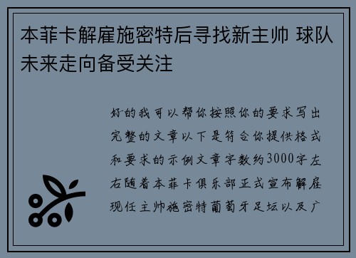 本菲卡解雇施密特后寻找新主帅 球队未来走向备受关注 本菲卡解雇施密特后寻找新主帅 球队未来走向备受关注