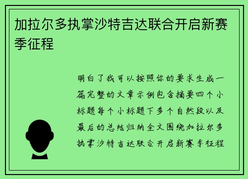 加拉尔多执掌沙特吉达联合开启新赛季征程 加拉尔多执掌沙特吉达联合开启新赛季征程