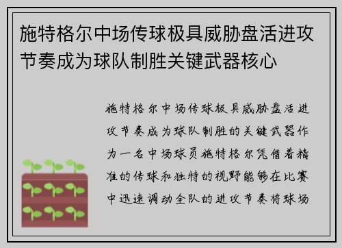 施特格尔中场传球极具威胁盘活进攻节奏成为球队制胜关键武器核心 施特格尔中场传球极具威胁盘活进攻节奏成为球队制胜关键武器核心